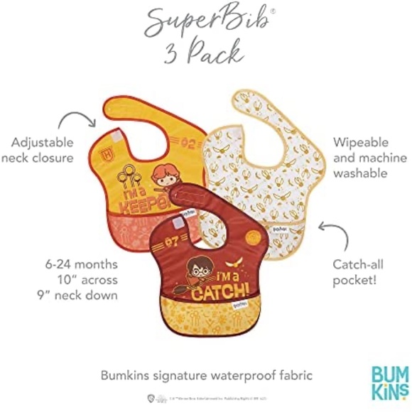 New 6-24m Harry Potter x Bumkins The Golden Snitch waterproof bibs. 3 pack. BNWT - Picture 7 of 7